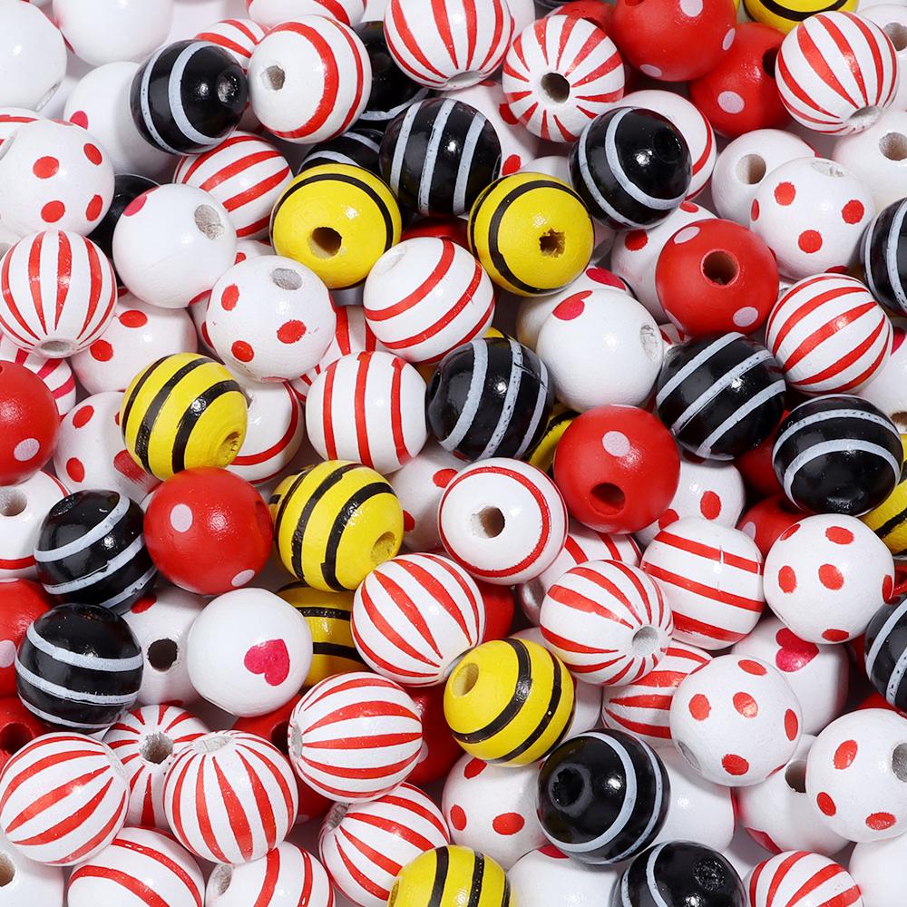 20Pcs 16mm Natural Wood Beads Colorful Stripe Heart Printing Large Hole Round Beads DIY Craft Bracelet Kid's Toy Accessories