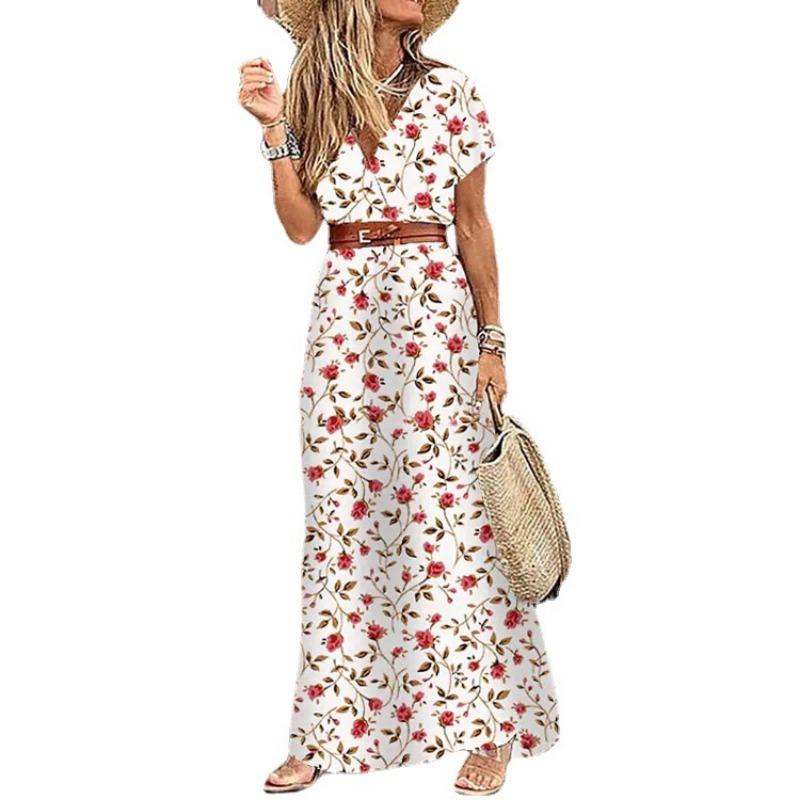 Summer Bohe Style V-neck Floral Printed Dress Belt Loose Short Sleeve Fashion Elegant Casual A-line Party Long Dresses Female Dtreetwear Clothing