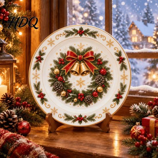 Winter Holiday Plate Wooden Christmas Round Plate Santa Snowman Stocking Tree Bell Sleigh Dish Table Centerpiece Decor Xmas Tabletop Ornament