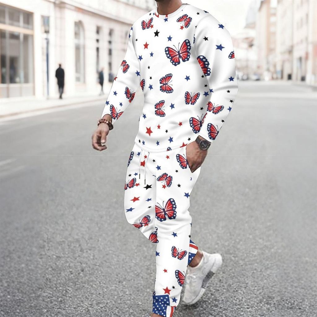 Men Distressed American Flag Star Stripe Print Long Sleeve Sweatshirt And Drawstring Jogger Pants Two Piece Outfit