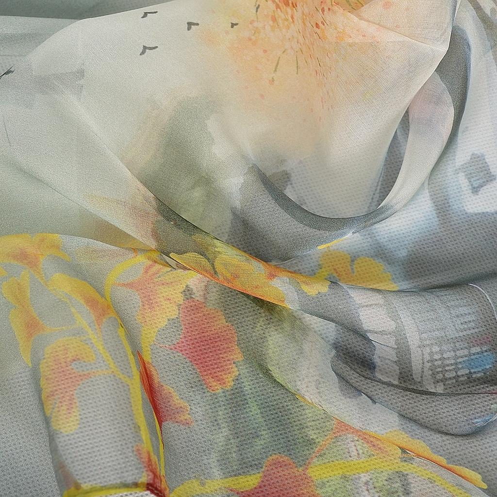 [BYSIFA] Women Chiffon Pure Silk Scarf Cherry Blossom Floral Design Long 100% Silk Shawl Scarf Purple Pink Silk Scarves Echarpes