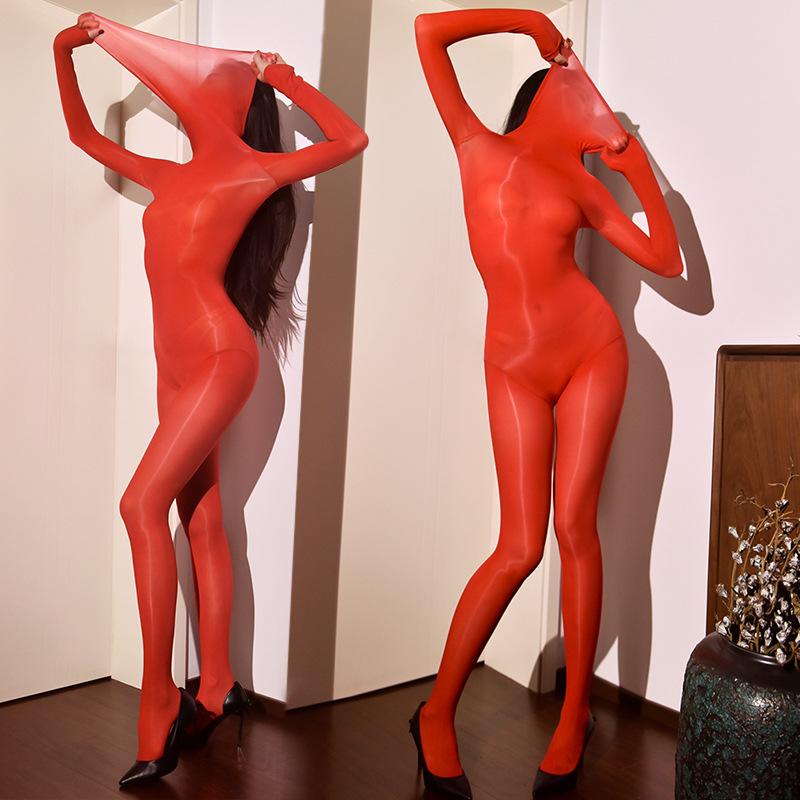 Womens Sexy Lingerie Jumpsuit Seamless Oil Shiny Glossy Stockings High Fork 5d All-Inclusive Tights High Neck Bodystockings