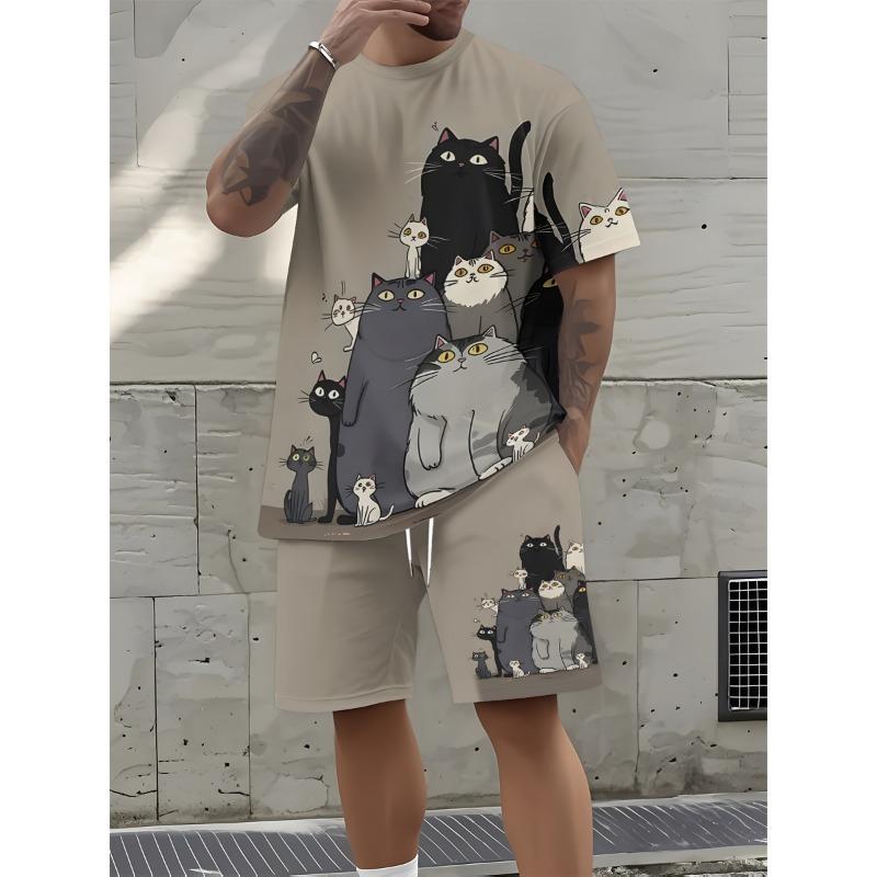 Men's Large Size Lion Pattern Print Fashion Round Neck Top T-shirt and Shorts Set