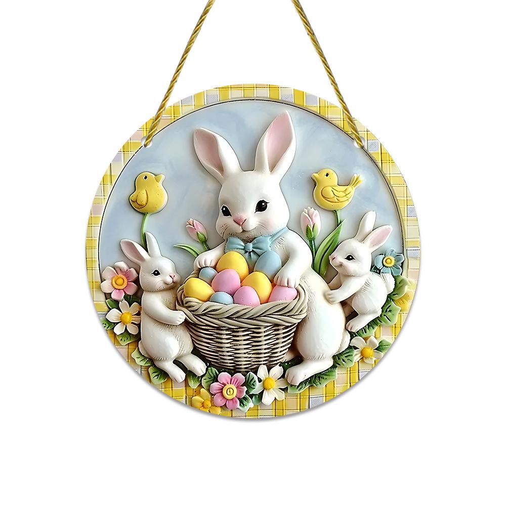 Disc Ornament Decorative Rabbit Decoration Bunny Pendant Round Window Decoration For Holiday Family Easter