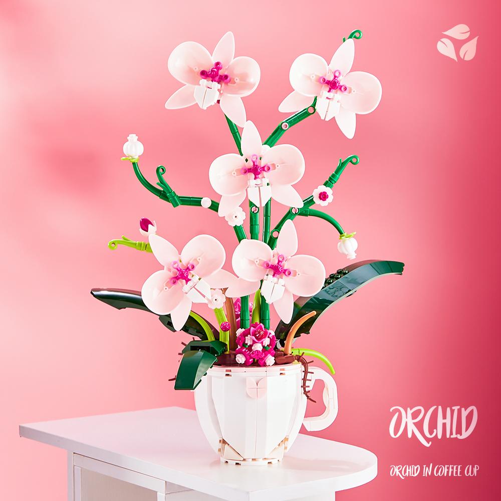 567+Pcs Coffee Cup Orchid Model Building Blocks, Pink Preserved Flower Diy Toy For Girls/Mom, Valentine'S Day/Mother'S Day Gifts