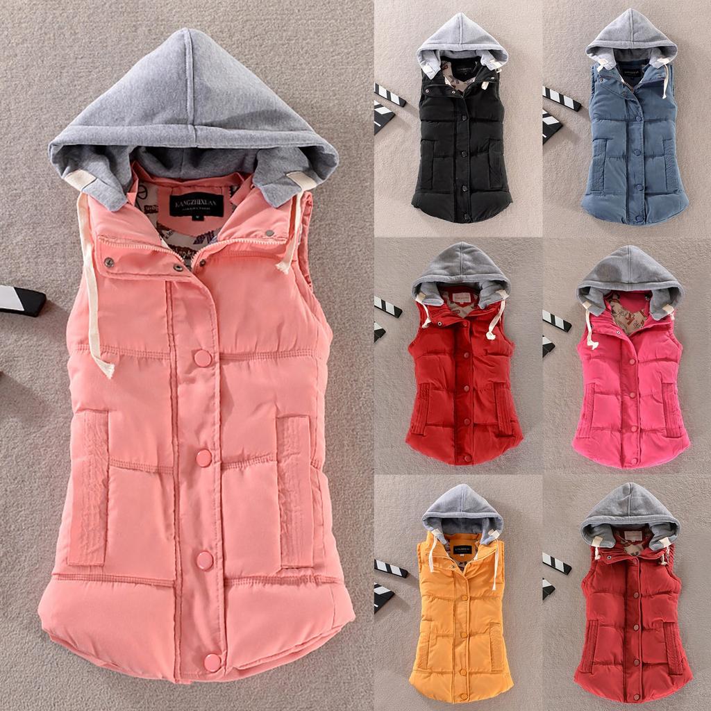 Women Vest Female Warm Sleeveless Jacket Cotton Solid Hooded Vest For Outerwear