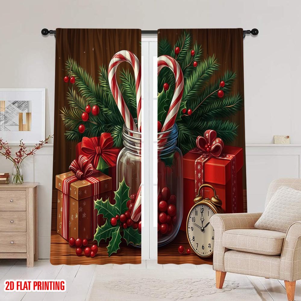 2pcs,2D plane printing Curtain Popular Christmas Candy Canes Holly Gift (4) Polyester Fabric (without rod) Decorations Outdoor