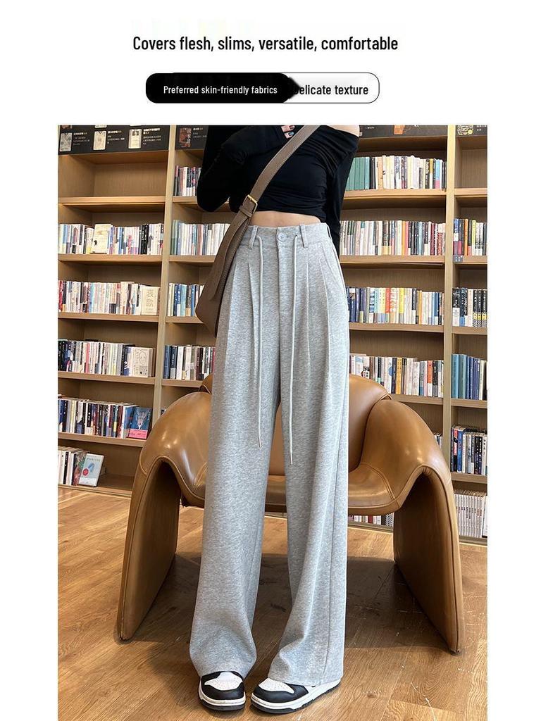Women's High-Waist Gray Sweatpants - Summer Wide-Leg Floor-Length, Casual Loose American Style with Drawstring.