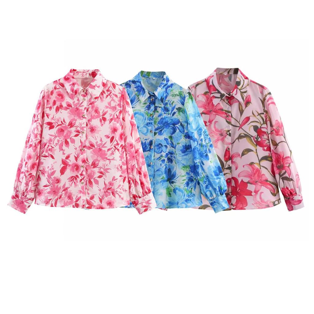 European and American Women's Clothing 1116 Summer Retro Flower Printing Lapel All-match Cardigan Long-sleeved Shirt Top Women