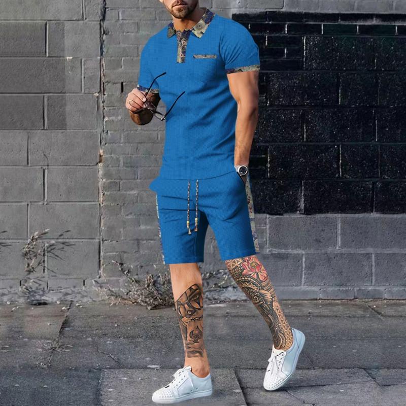 

Летний мужской вафельный короткий рукав шорты повседневный комплект XXXL синий