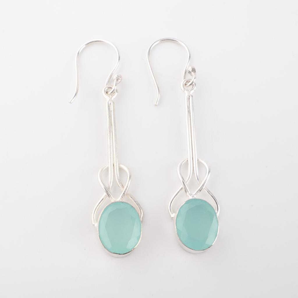 Aqua Chalcedony Gemstone 925 Sterling Silver Jewelry Handmade Earrings 1.76" EE-171-17