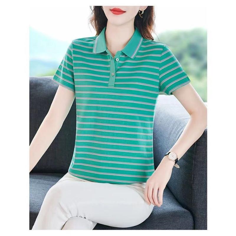 

YYFS Женская мода Повседневная Лето Весна Полосатый Принт Короткий рукав Воротник ПОЛО Блузки и Рубашки XXXL