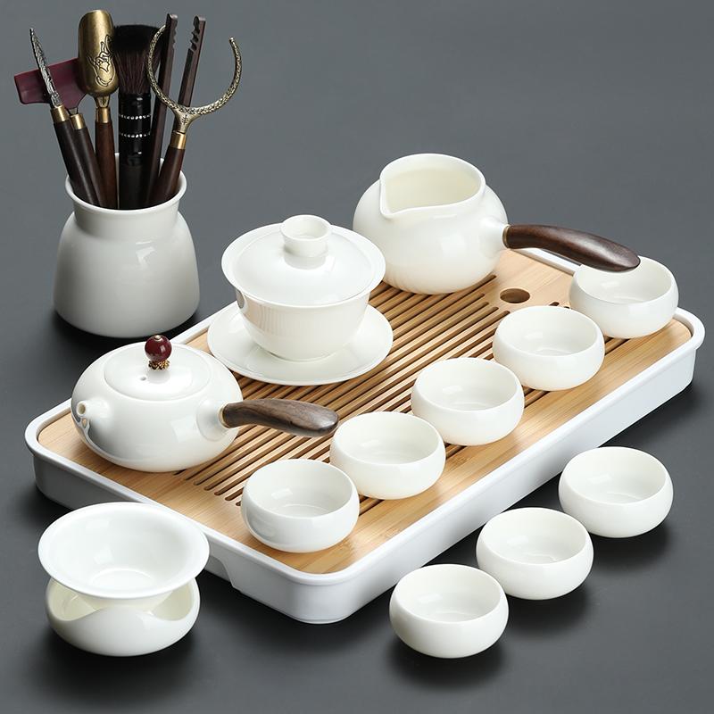 Goat Jade White Porcelain Kung Fu Tea Set Home Brewing Teapot Covered Bowl Chinese Light Luxury Brewing Tea Cup Office Guests