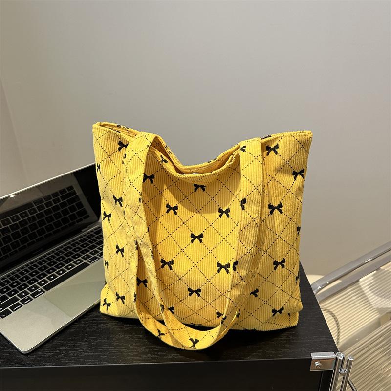 Corduroy Rhombus Bow Printed Tote Bag 2025 Summer New Fashion Trend Versatile Large Capacity Shoulder Bag