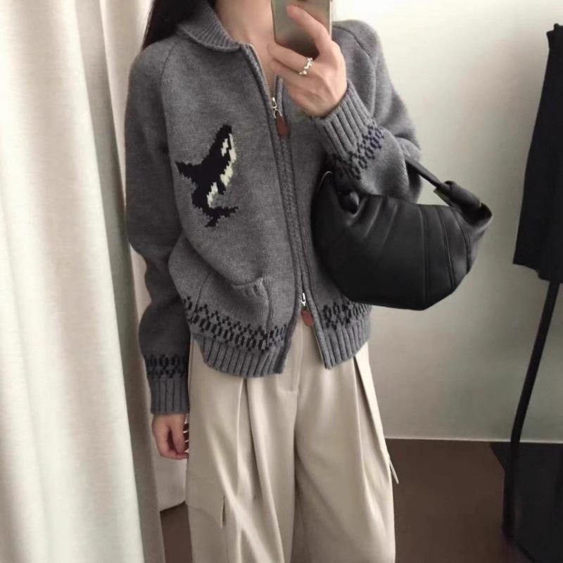 Reißverschluss Revers Jacquard Pulloverjacke Damenbekleidung Herbst und Winter Neu Locker Lässig Gestrickte Cardigan Top