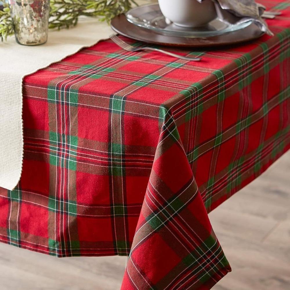 Christmas Tablecloth Vintage Striped Checkered Cotton Linen Dining Party Decor