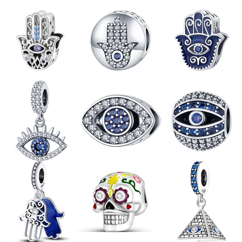 Fit Original Pantaro Charm Bracelet DIY Zircon 925 Sterling copper Skeleton Devil Palm Blue Eyes Pyramid Sparkling Pendant Bead