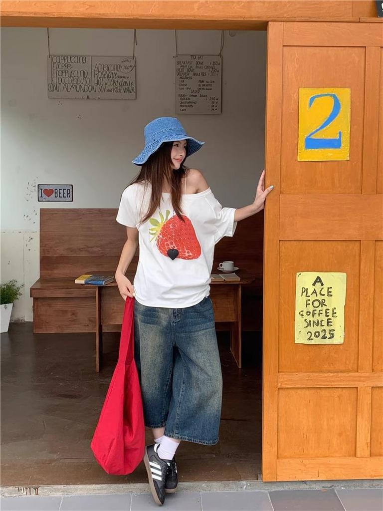Spring 2026 One-Shoulder Off-the-Shoulder Pure Cotton Short Sleeve Women's T-shirt