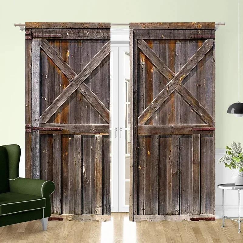 3D 2pcs Light Colour Wooden Door Printed Curtain For Home Decor Rod Pocket Window Treatment For Bedroom,Office,Kitchen,Living Ro