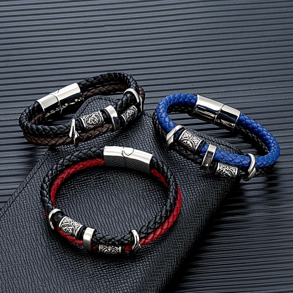 Bracciale Vichingo Punk Acciaio Inossidabile Bussola Rune Norrene Perline Amuleto Pelle Intrecciata Multistrato Uomo Braccialetti