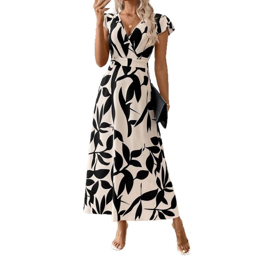 Summer European and American New Women's Clothing Printing V-neck Fashion Printing Temperament Dress Women's Spot