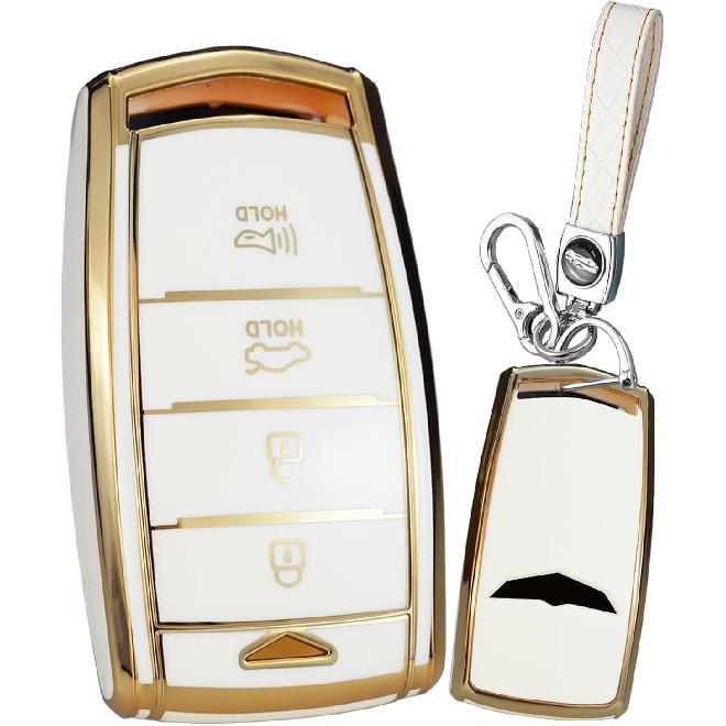 SANRILY Golden-Edge 4 Button Key Fob Cover Fit for Genesis G70, G80, G90 2017-2020 Keyless Full Coverd Smart Key Case with Leather Keychain Black