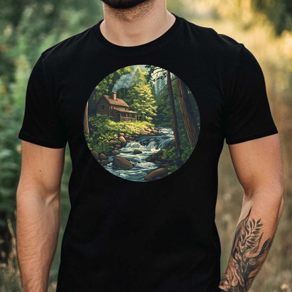 T-Shirt Herren Wald Hütte Motiv Baumwolle Größe XS bis 5XL