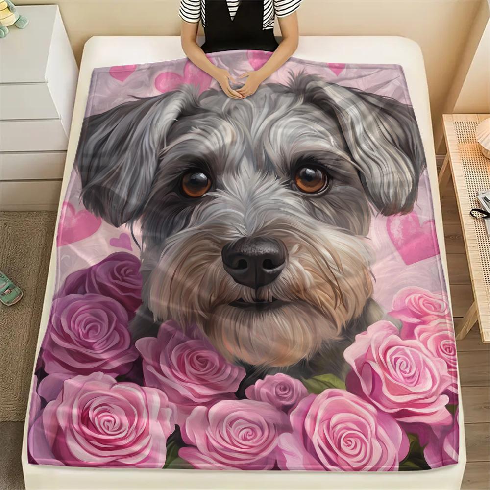 Schnauzer and Roses,pattern Flannel Blanket, High Quality Comfortable for All Seasons, Home Decor, Warmth and Comfort, Perfect for Gifts.