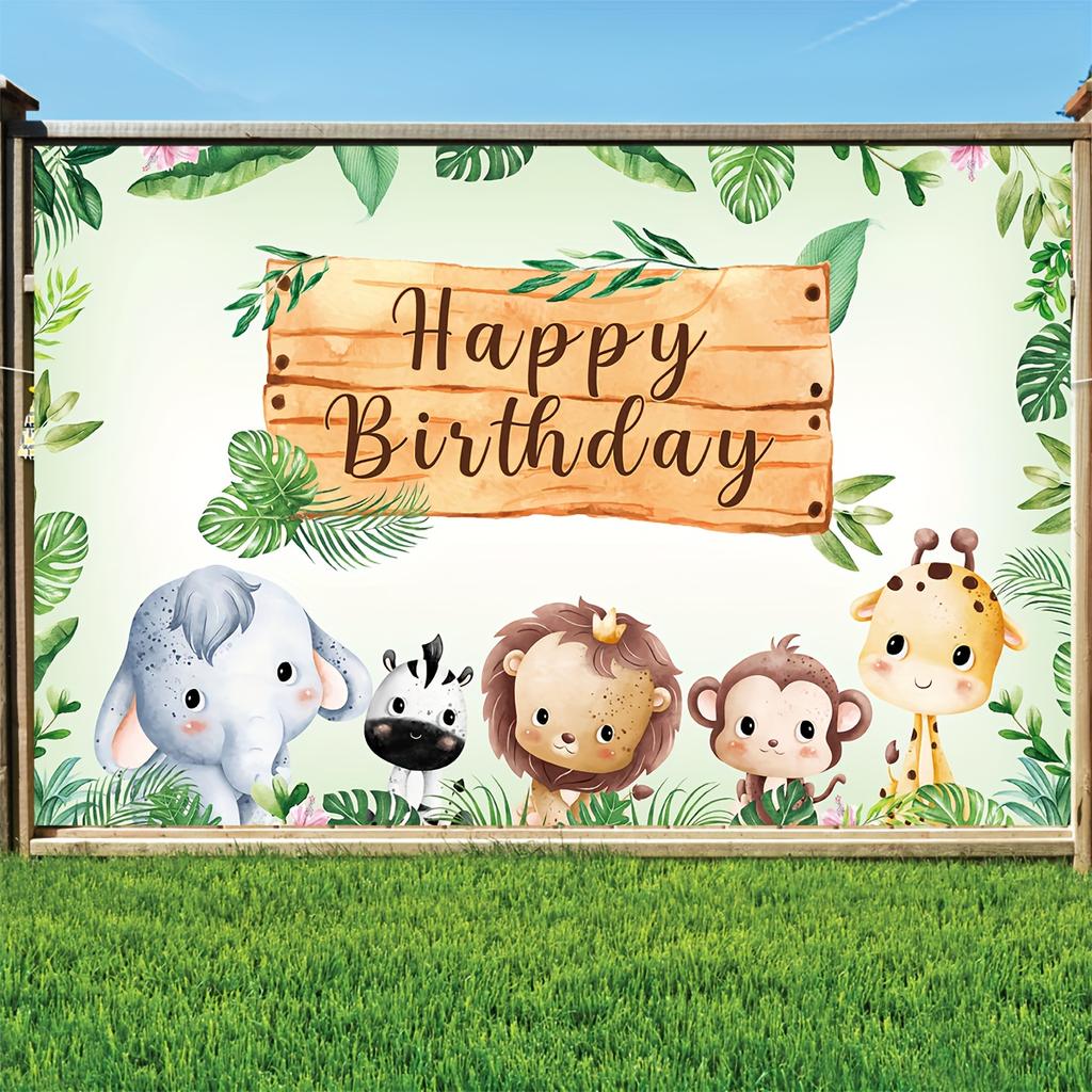2D flat design 1-piece jungle adventure animal birthday celebration background fabric suitable for children's celebrations