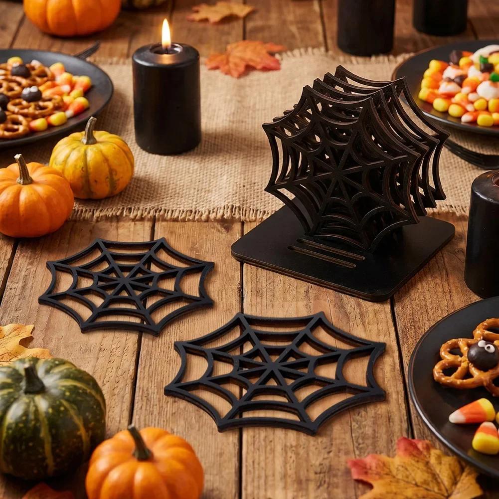Universal Wooden Coasters Party Desktop Decoration Coaster Table Cup Mat Halloween Spider Web Hollow Heat Resistant Pad