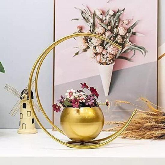 Metal Geometric Design Vase with Gold Finish - Table Decorative Flower Pot (Size 24 x 24cm) (Moon Flower Vase)