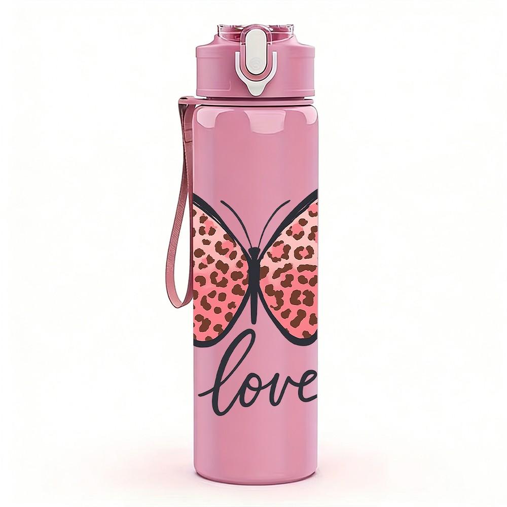 1PC Pink Butterfly Love 750ml Color Plastic Sports Water Bottle Leakproof Flip Straw Lid Suitable for Sports Office Home Use