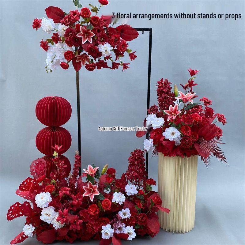 Red Chinese Engagement Wedding Floor Arrangement - Aisle and Stage Silk Flower Decoration