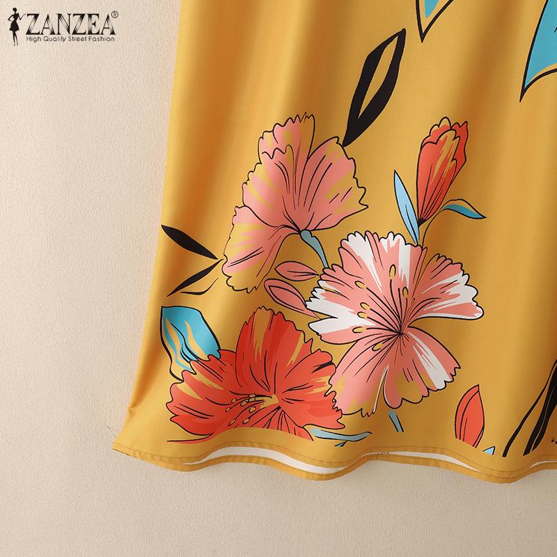 ZANZEA Women Casual V-Neck Loose 3/4 Sleeve Floral Print Dress