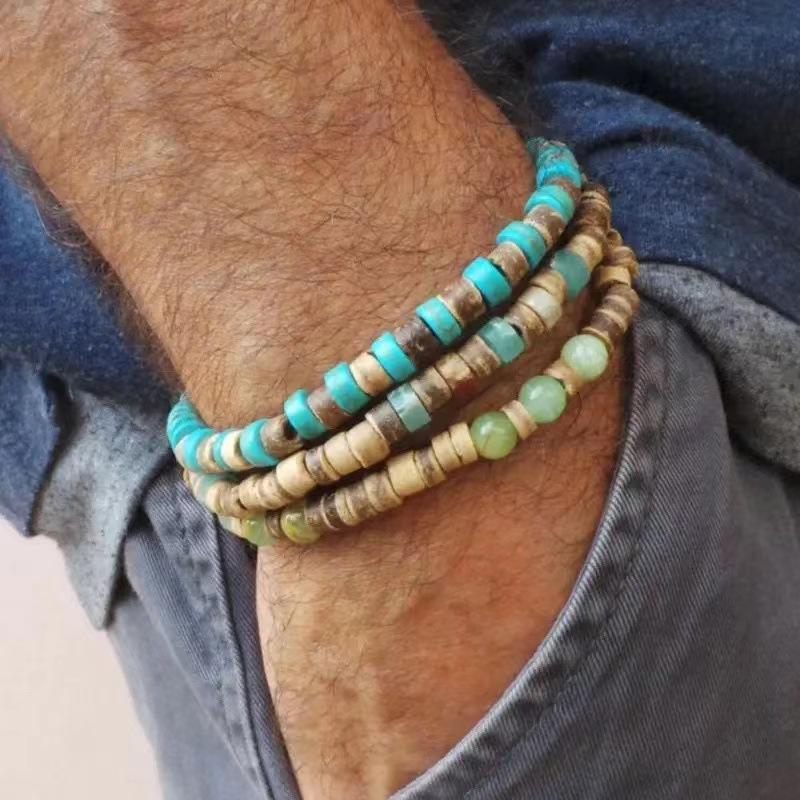 Natural Stone Wood Chip Coconut Shell Elastic Beaded Bracelet Set Retro Couple Beach Bracelet