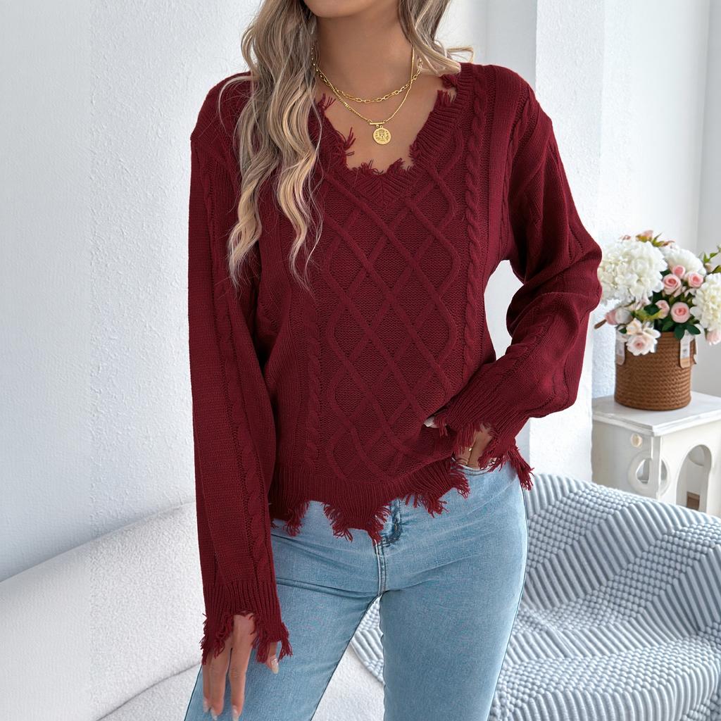 Women's Casual Color V-Neck Cable Knit Long Sleeve Sweater for Everyday Wear