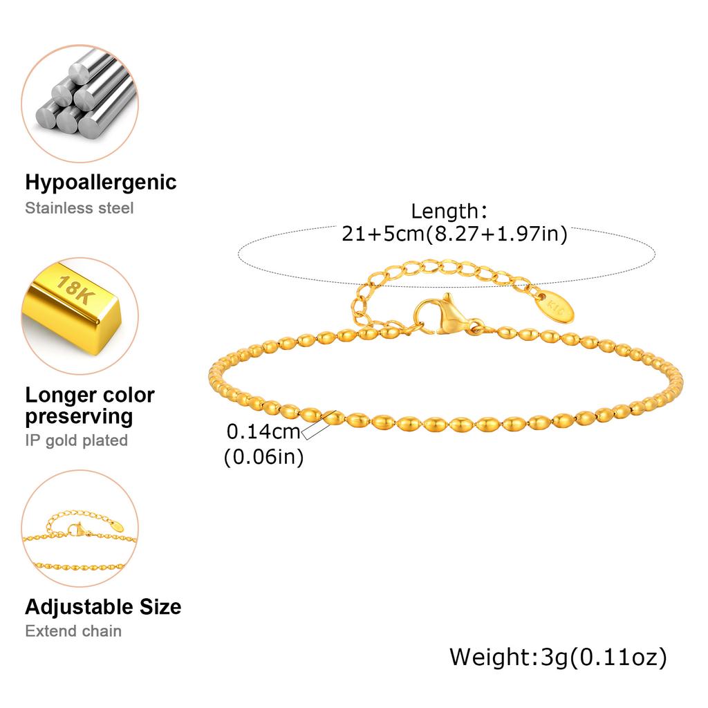 Beaed Ball Anklet Bracelet for Women, Waterproof Adjustable Link, 3mm 5mm Stainless Steel Stackable Gold Plated Anklet Jewelry