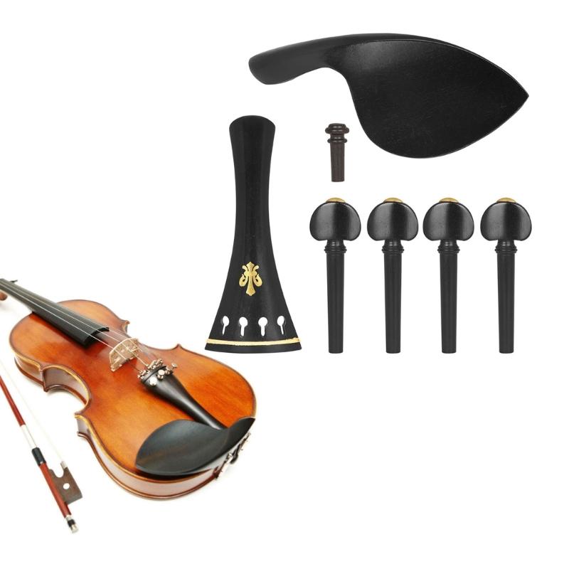 Black Violin Fitting Set with Tailpiece Part Endpin and Chinrest Piece, Replacement Hardware Set Wood Texture for Practice Use and Instrument Refresh