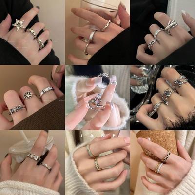 Korean Style Adjustable Ring Set for Women - Includes Open Index Finger and Chain Rings