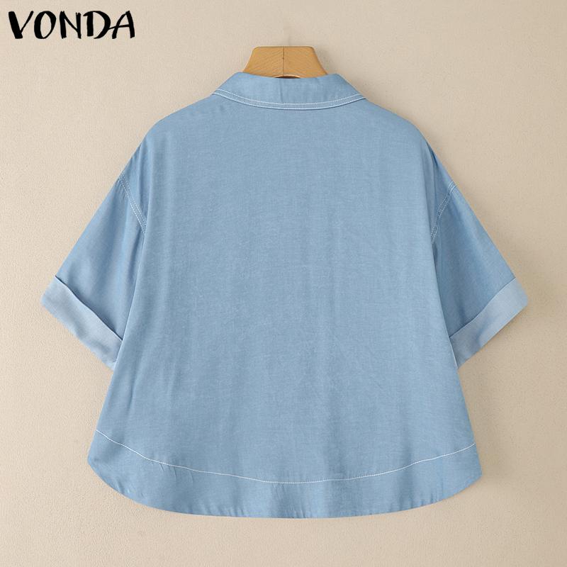 VONDA Elegant Women Short Sleeve Lapel Button Down High Low Hem Casual Cropped Blouse