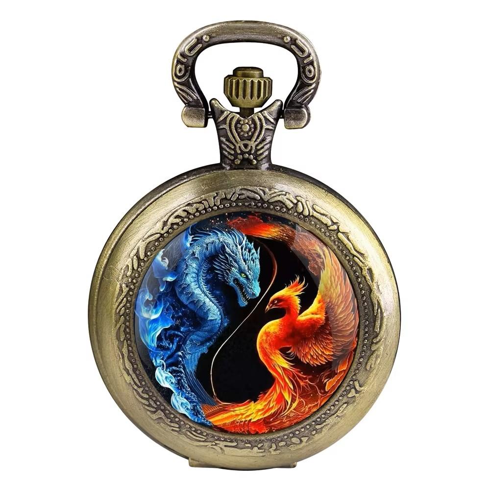Vintage Retro Dragon Phoenix Chinese Yin yang Quartz Unisex Men Women Pocket Watch Quartz Necklace Pendant Clock Chain  Classic Dial Jewelry Gift