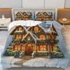 3pcs Festive Snow Cottage Christmas Duvet Cover Set Cozy Winter Holiday Theme with Illuminated House Print 1 Duvet 2 Pillowcases