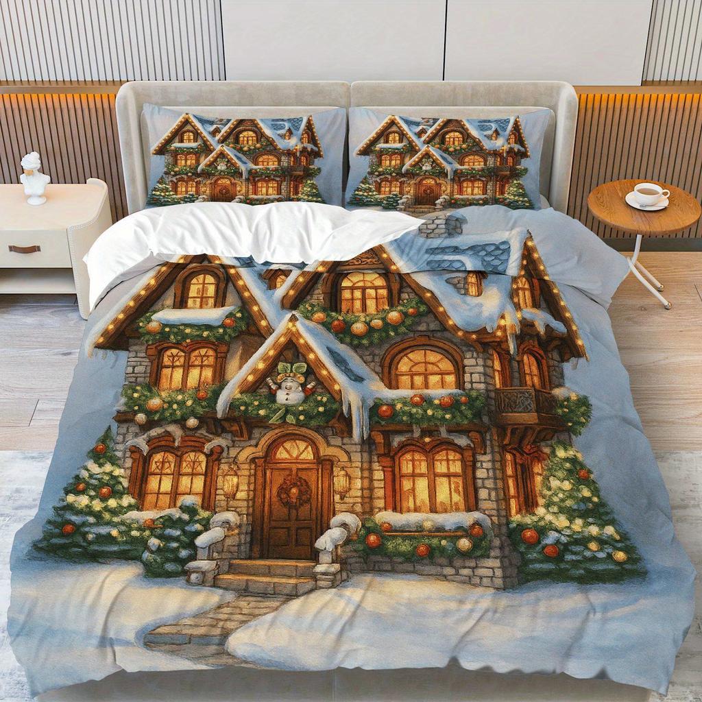 3pcs Festive Snow Cottage Christmas Duvet Cover Set Cozy Winter Holiday Theme with Illuminated House Print 1 Duvet 2 Pillowcases