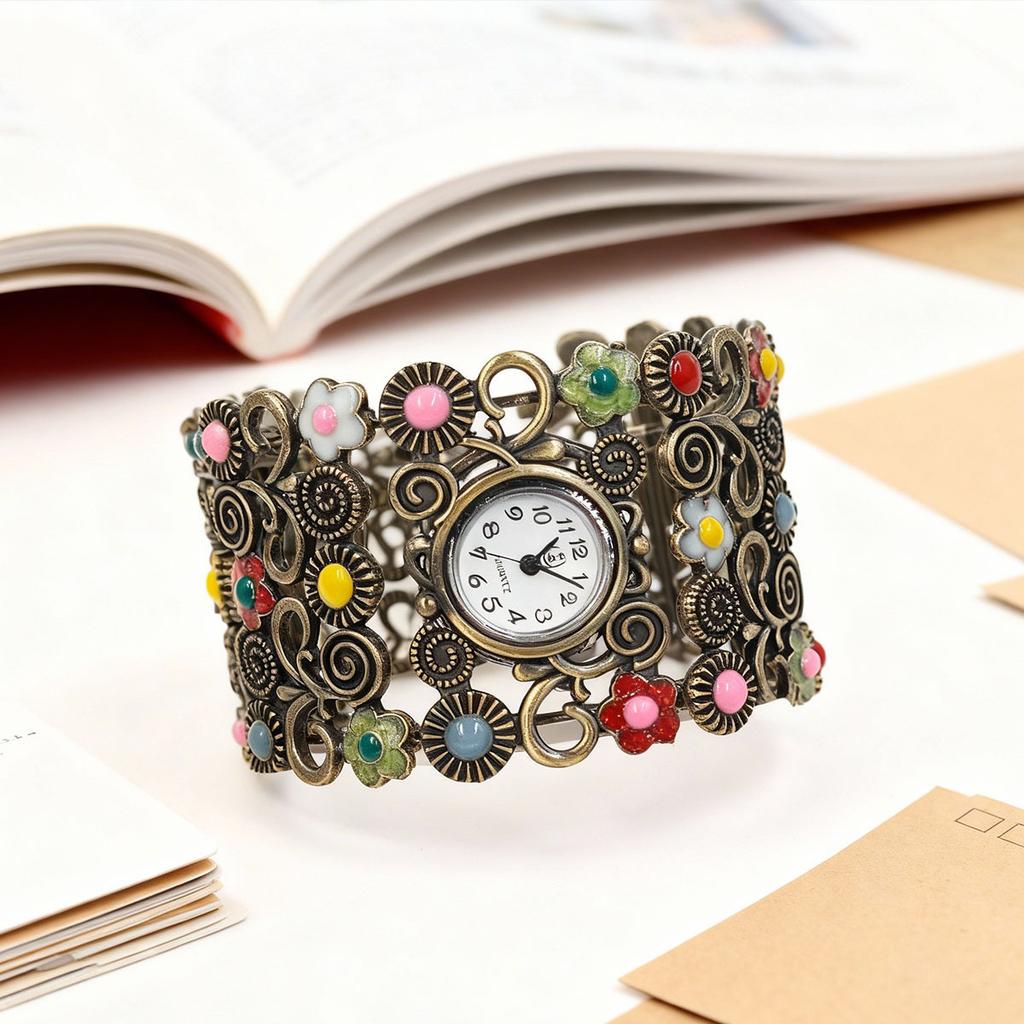 Bohemisk Stil Armbandsur Damklocka Blomsterdekoration Armbandsur