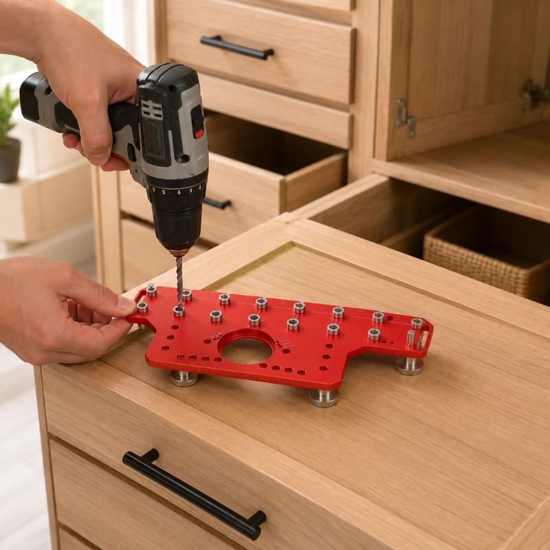 Cabinet Hole Drilling Guide with Aluminum Plate, Guide Bushings and Metal Parts for Shelf Pin Layout and Furniture Assembly Work Tasks
