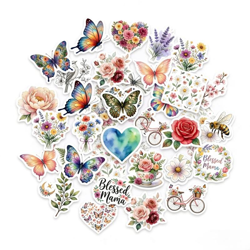 1030Pcs Kawaii Butterfly Plants Colored Pvc Adhesive Stickers Aesthetic Diy Phone Laptop Luggage Skateboard Graffiti Decals