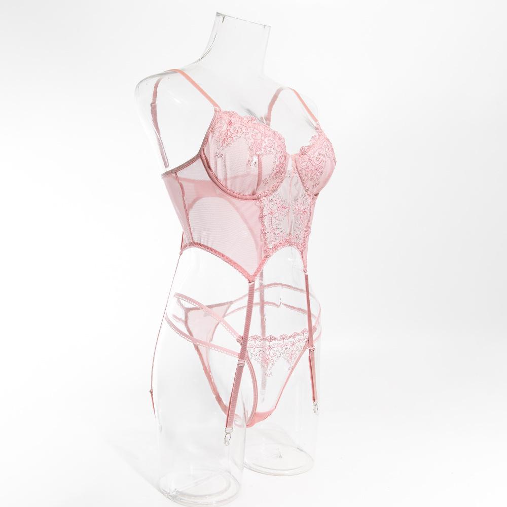 European and American Embroidered Push-up Lingerie Set - Pink, Underwire, Sexy, Comfortable, Tempting