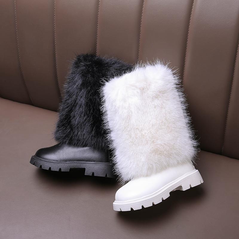Warme lange Plüsch-Stiefel mit Reißverschluss hinten für Mädchen 2025 Winter Komfort Dicke Sohle Rutschfeste Stiefeletten Modische Unifarbene Kunstpelzstiefel Kind
