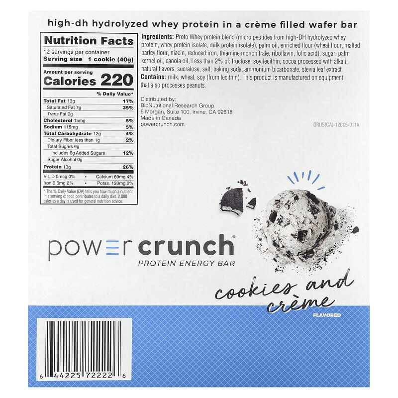 Power Crunch®, Protein Energy Bar, Cookies and Crème, 12 Bars, 1.4 Oz (40 G) Each