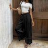 Damen Spitzenbesatz Rüschensaum Weites Bein Hoher Bund Lange Lockere Hose Vintage Stil Strand Reise Urlaubs Hose